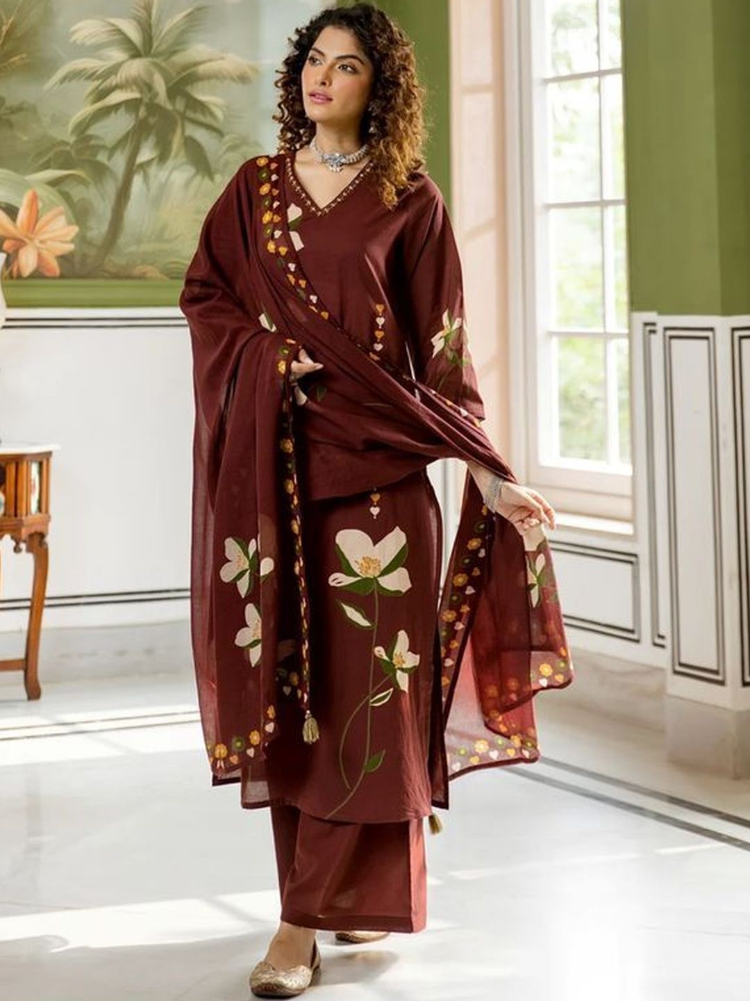 Moda Rapido Women Floral Printed Regular Thread Work Chanderi Cotton Kurta with Palazzos & With Dupatta-picture-41