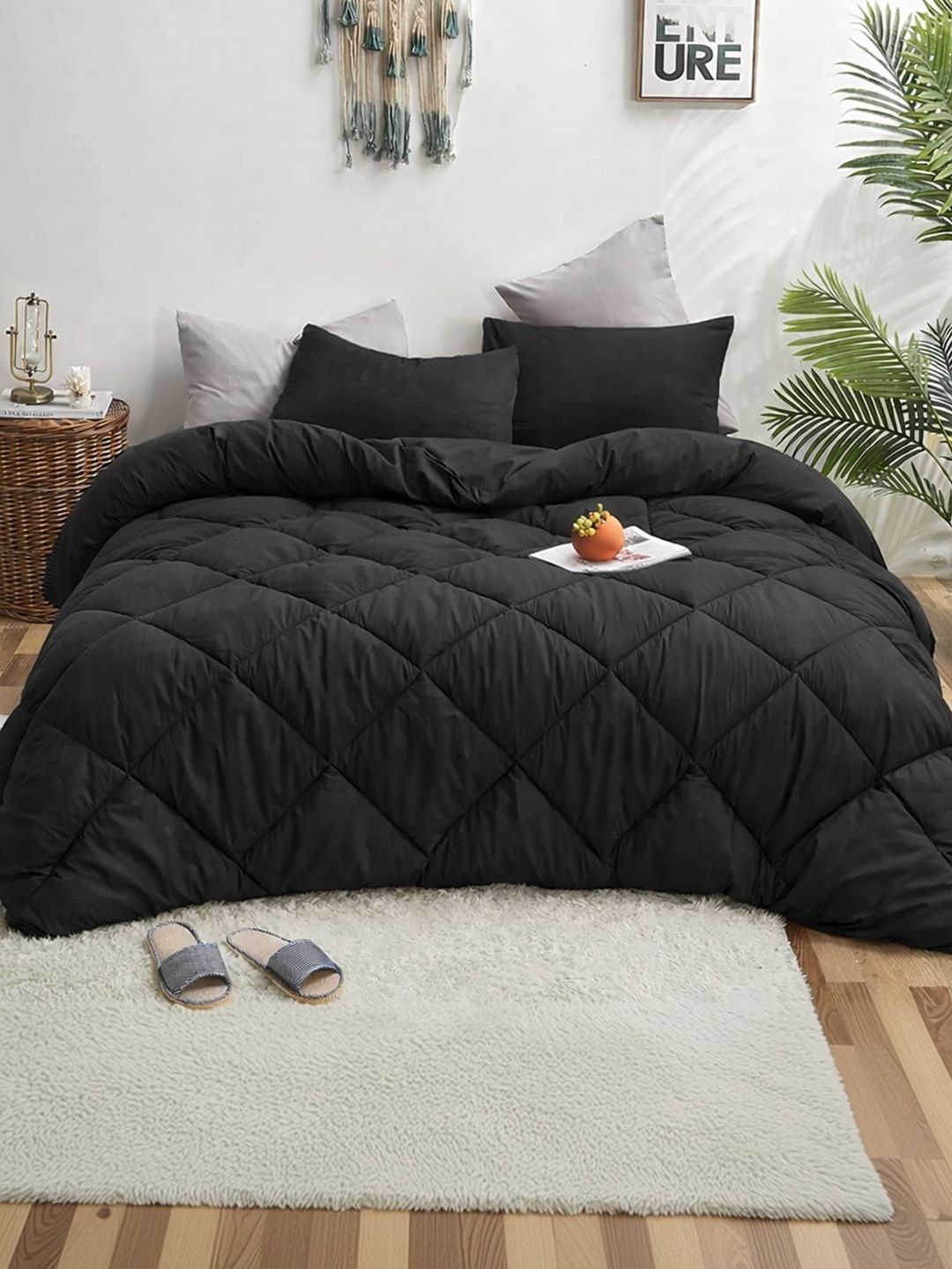 Sleeping Owls Black Solid Cotton 4 Piece Double King Superfine Bedding Set-image-9