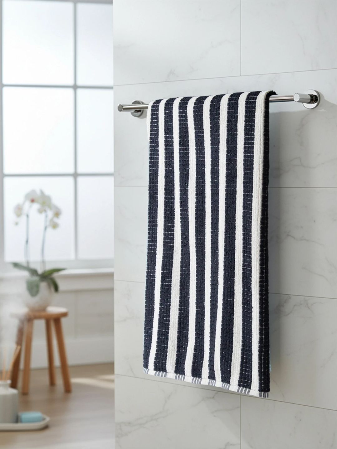 MYTRIDENT Multicoloured & Navy Blue 1 Striped Cotton 600 GSM Bath Towel-image-44