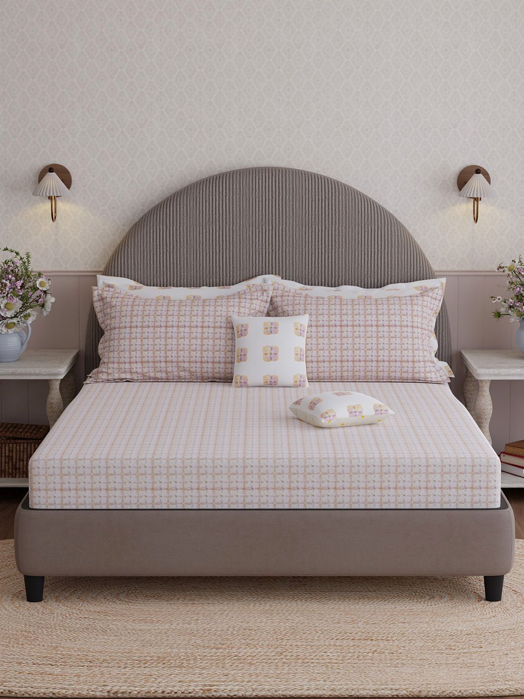 Royal Essence Nature Poetry Pure Cotton 400 TC White & Brown Floral King Bedsheet Set-image-9