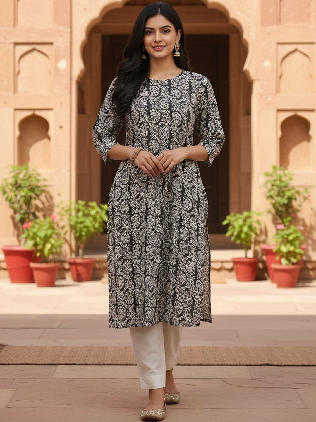 SZN Women Floral Printed Thread Work Crepe Blend Kurta-picture-18