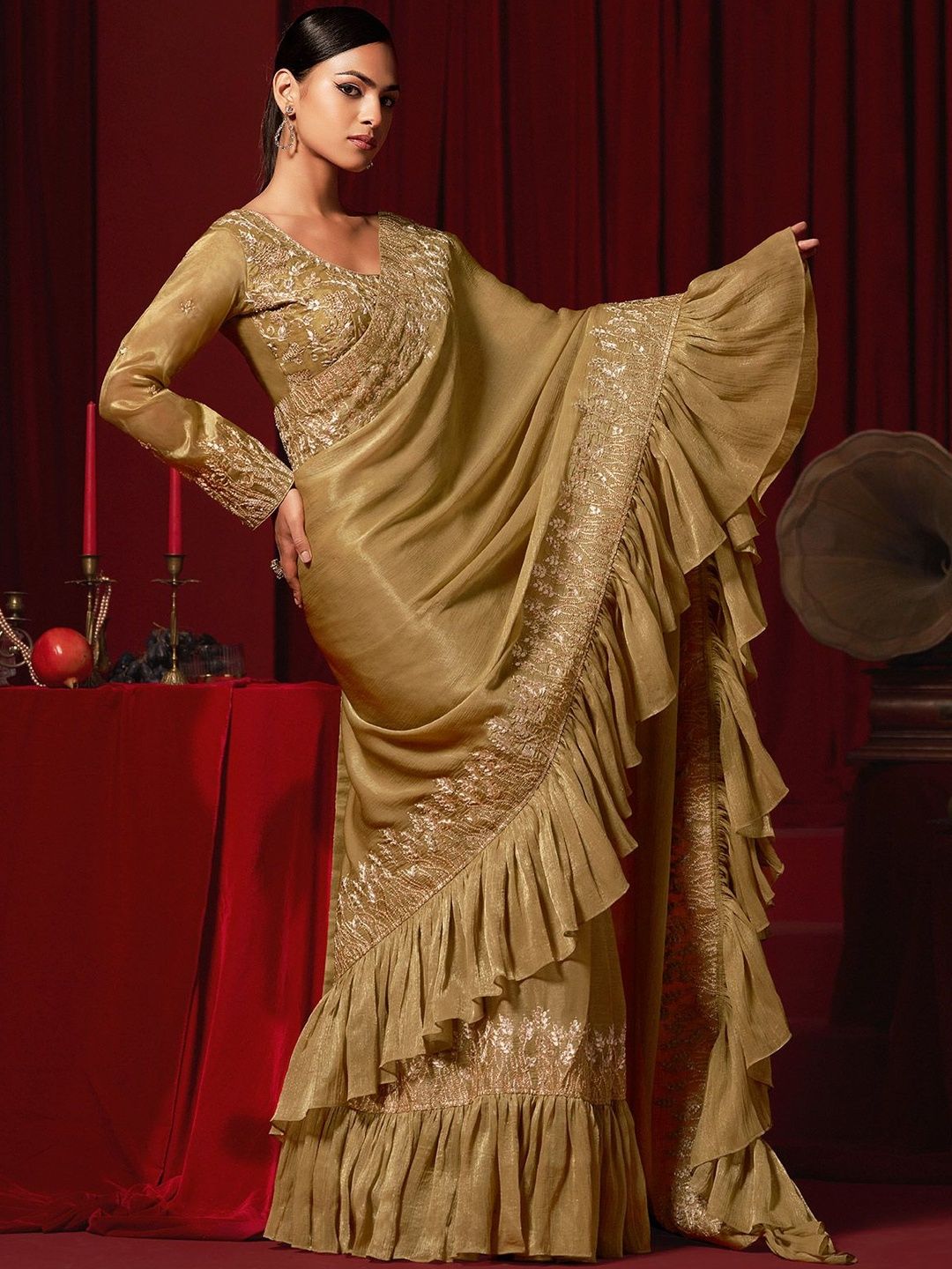 Laxmipati Golden Brown Ready-to-Wear Embroidered Georgette Saree-image-34