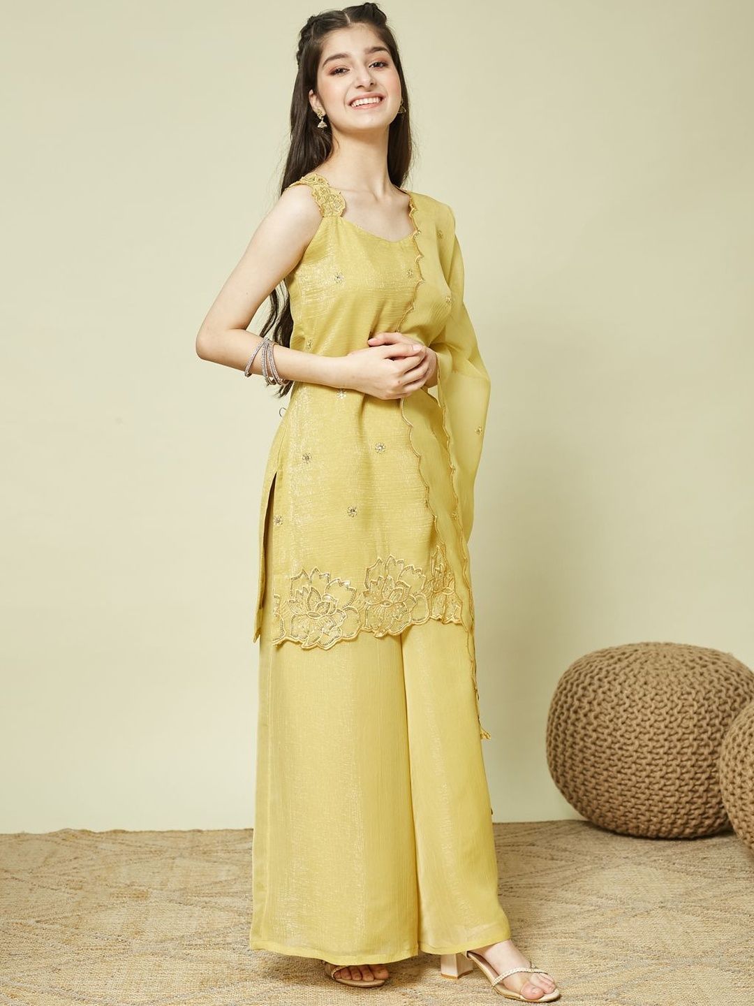 CurlyTales Girls Embroidered Sequinned Pure Silk Kurta with Palazzos & With Dupatta-picture-33