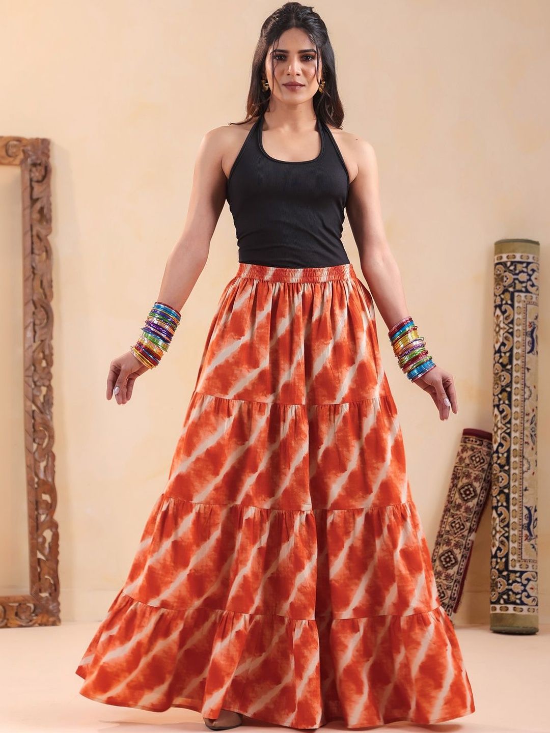 Rimeline Women Printed Pure Cotton Flared Maxi Skirts-picture-41