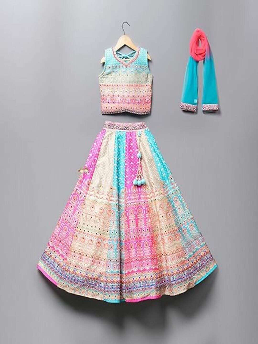 YK Girls Embellished Sequinned Tie and Dye Semi-Stitched Lehenga & Blouse With Dupatta-picture-21