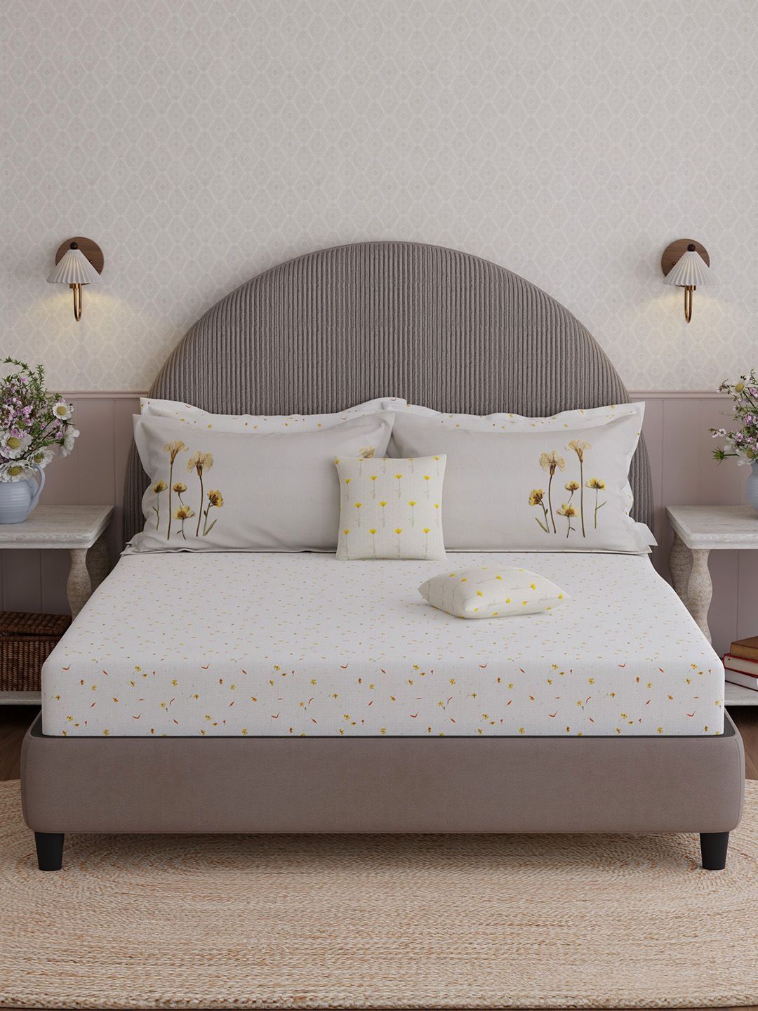 Boutique Living India White & Yellow Floral 400 TC Pure Cotton Bedsheet With Pillow Covers-image-19
