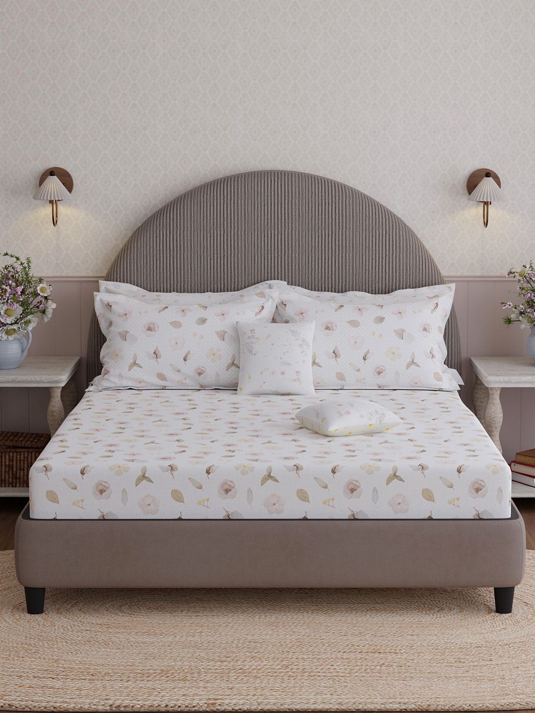 Boutique Living India White & Beige Floral Pure Cotton 400 TC Bedsheet & Pillow Covers-image-1