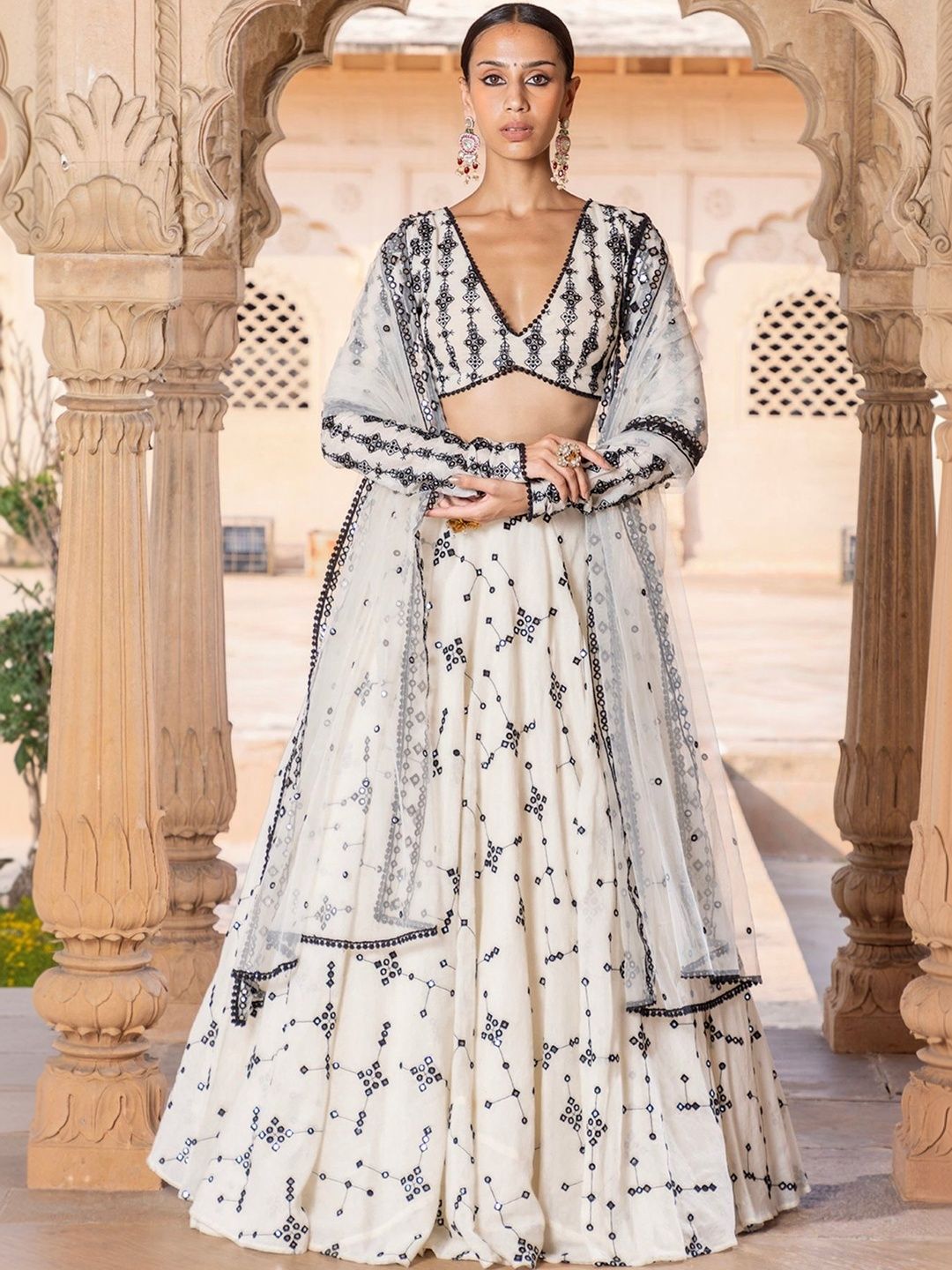 fab window embroidered mirror work semi-stitched lehenga & blouse with dupatta