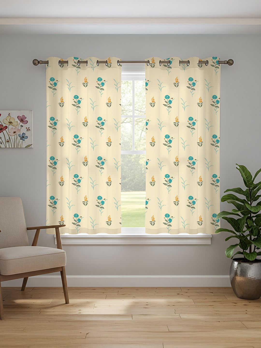 URBAN SPACE URBAN SPACE White & Blue 2 Pieces Floral Printed Pure Cotton Window Curtains