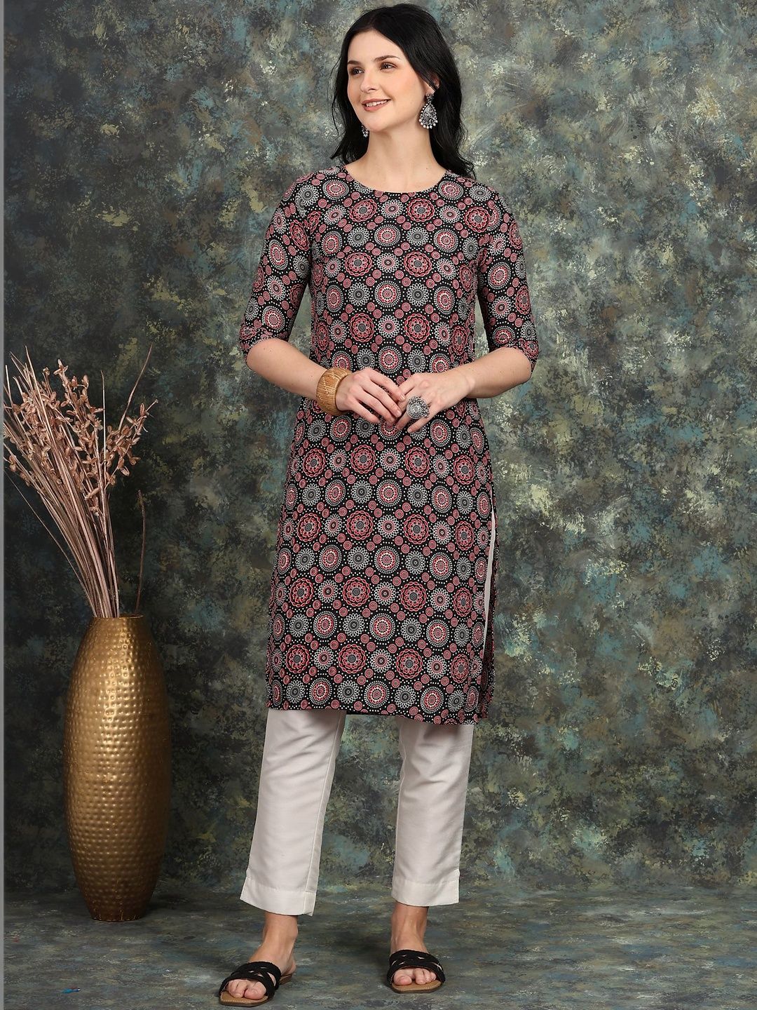 SZN Women Printed Mirror Work Crepe Kurta-image-20