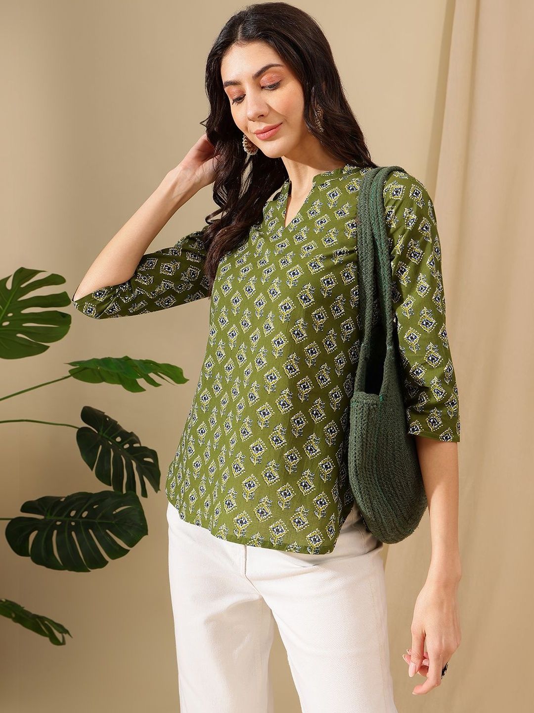 Janakdulari Fashion Floral Print Mandarin Collar Cotton Top-picture-15