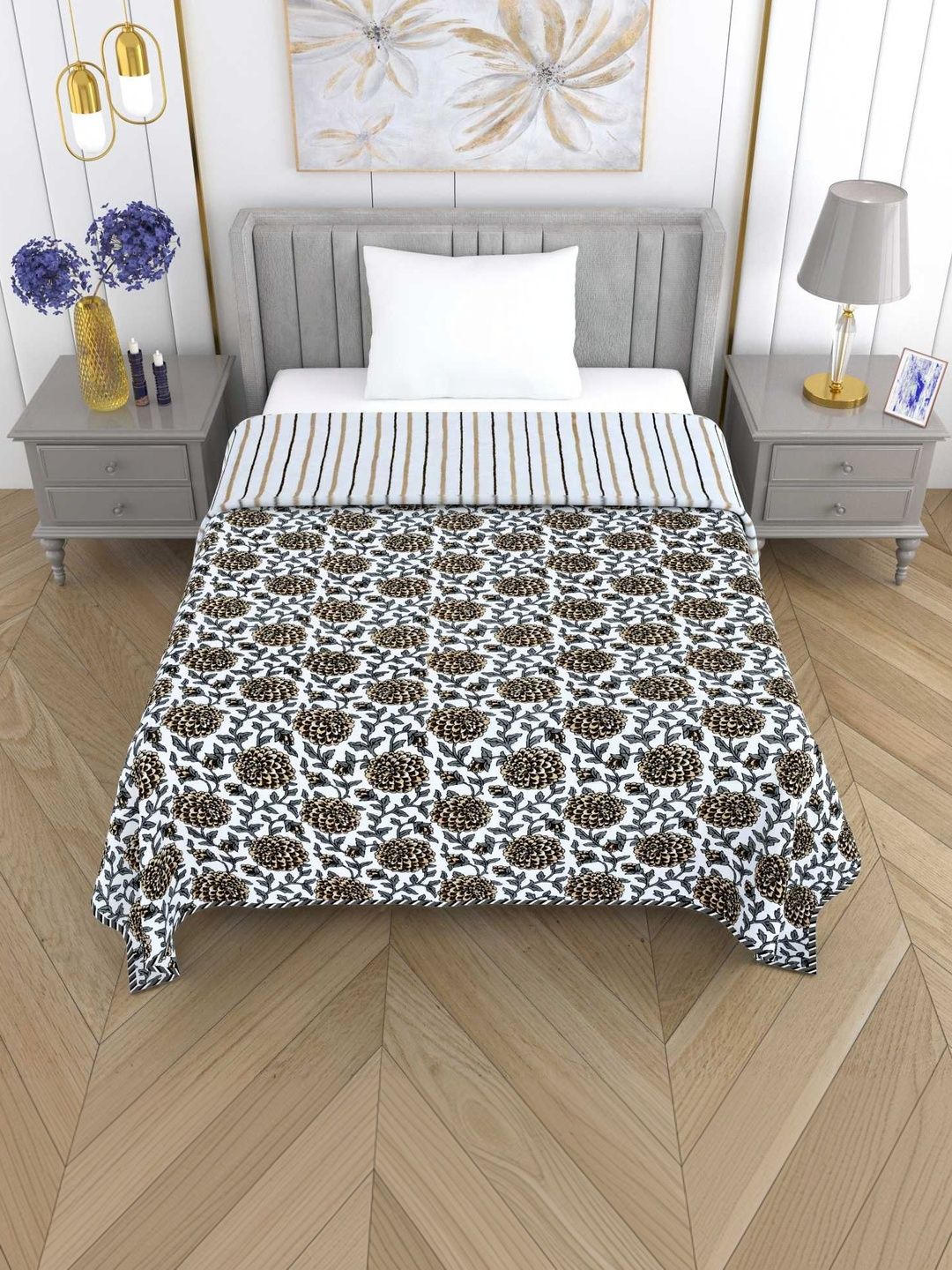 MAFATLAL Grey Melange & White Floral AC Room 300 GSM Dohar-image-30