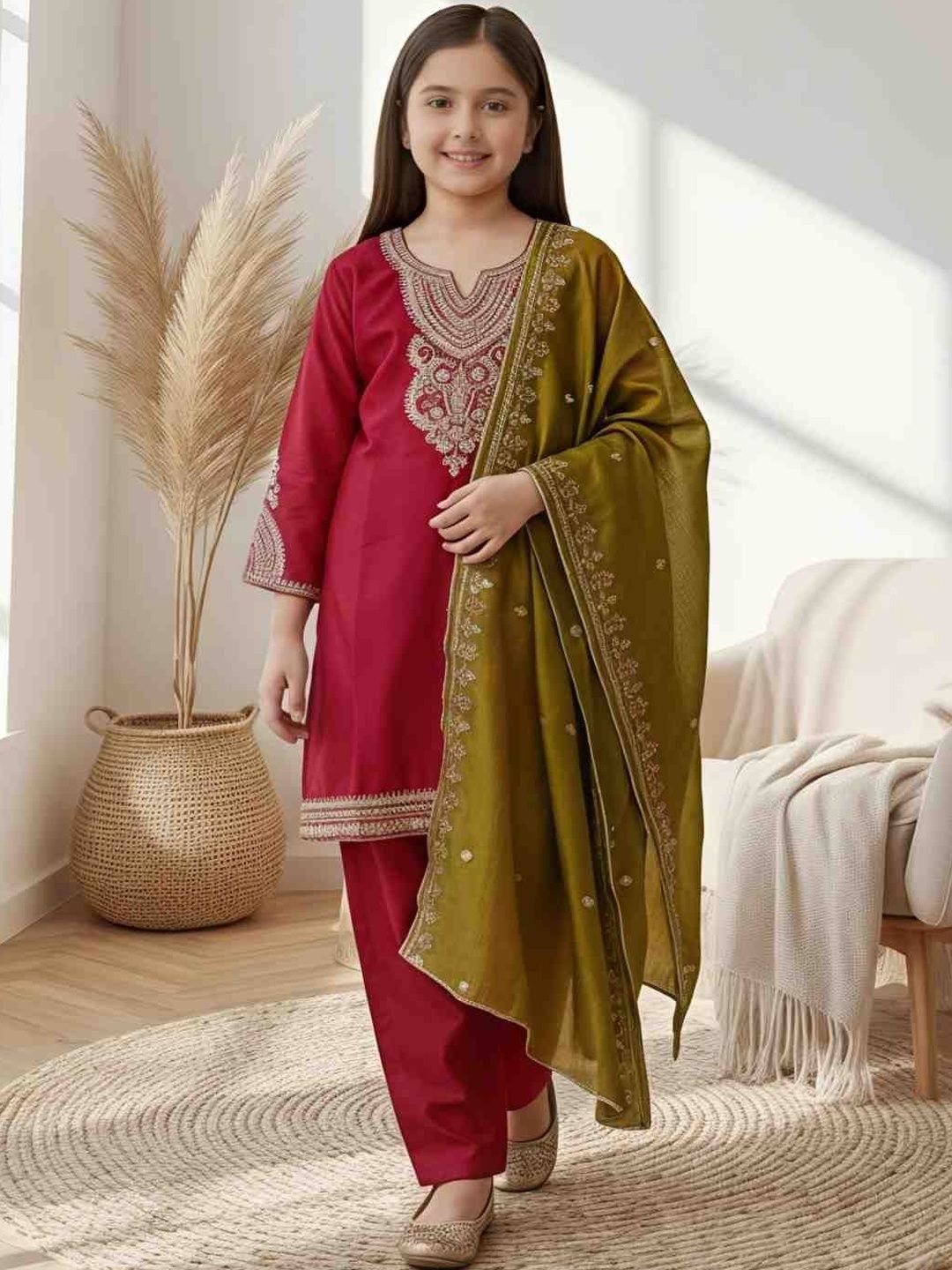 KALINI Girls Embroidered Regular Kurta with Pyjamas & With Dupatta