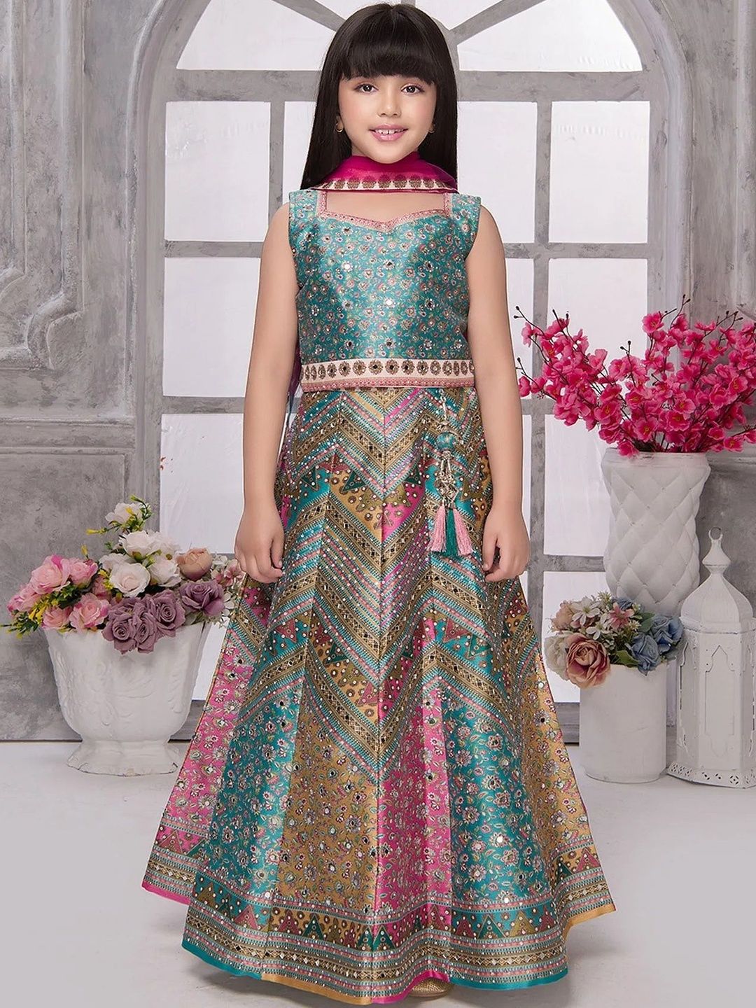 YK Girls Embellished Mirror Work Ready to Wear Lehenga & Blouse With Dupatta