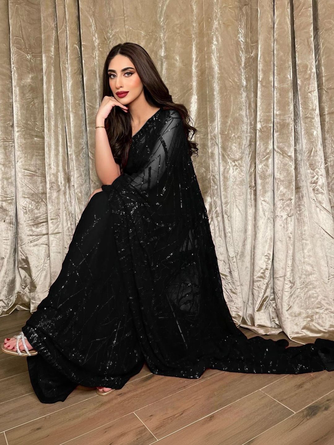 Silkena Embellished Sequinned Pure Georgette Heavy Work Saree