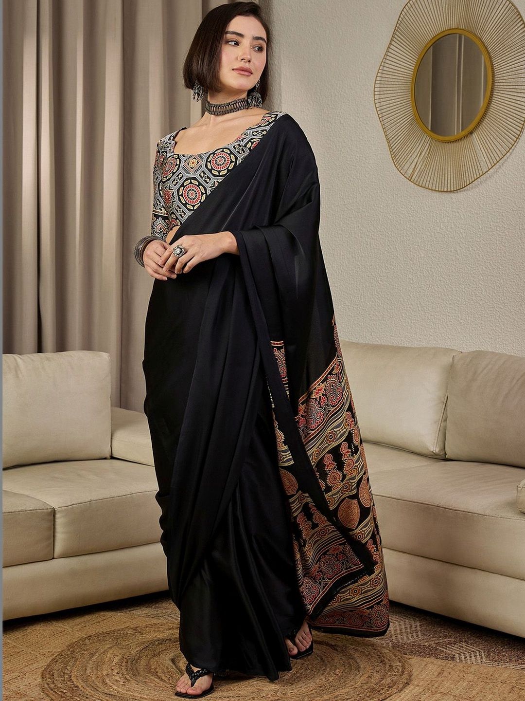 Mitera Ajrak Satin Ready To Wear Block Printed Saree