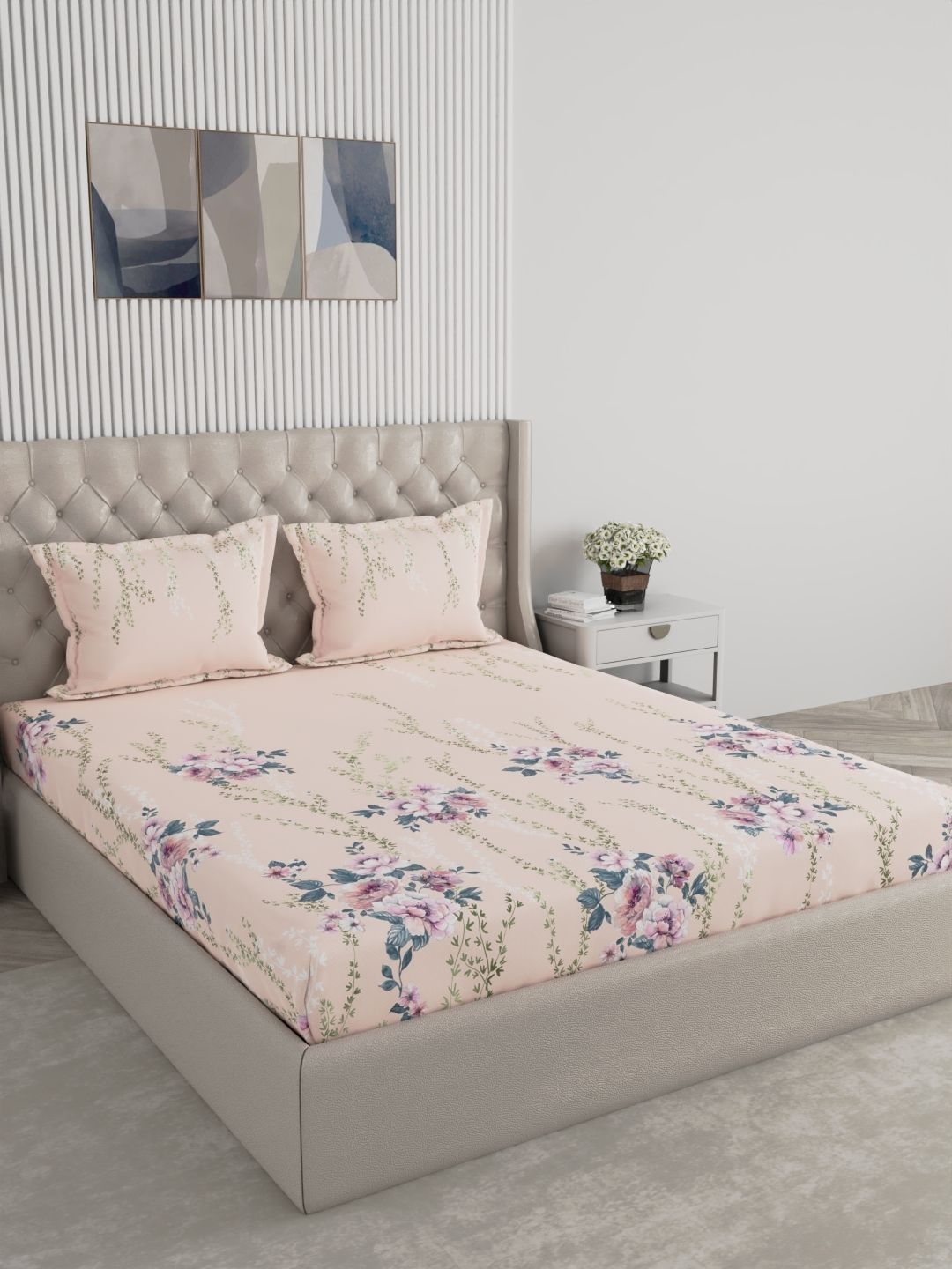 Raymond Home Peach-Coloured Floral 300 TC King Bedsheet with 2 Pillow Covers-image-37