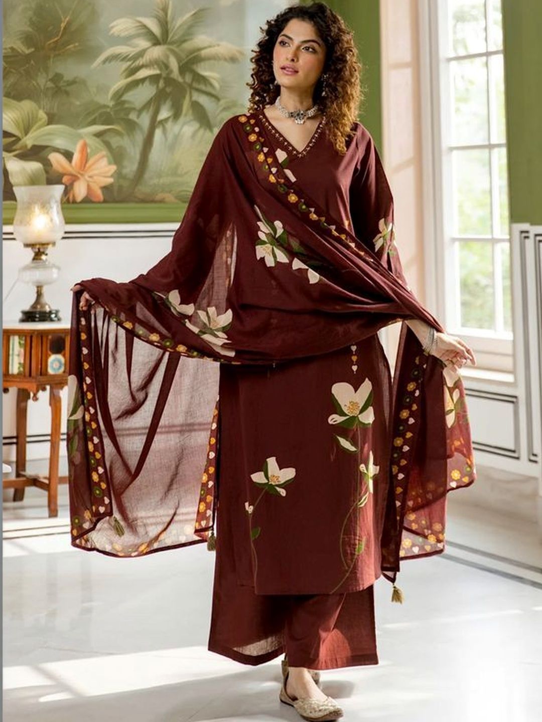 MYRIE Women Floral Printed Regular Thread Work Chanderi Cotton Kurta with Palazzos & With Dupatta-picture-31