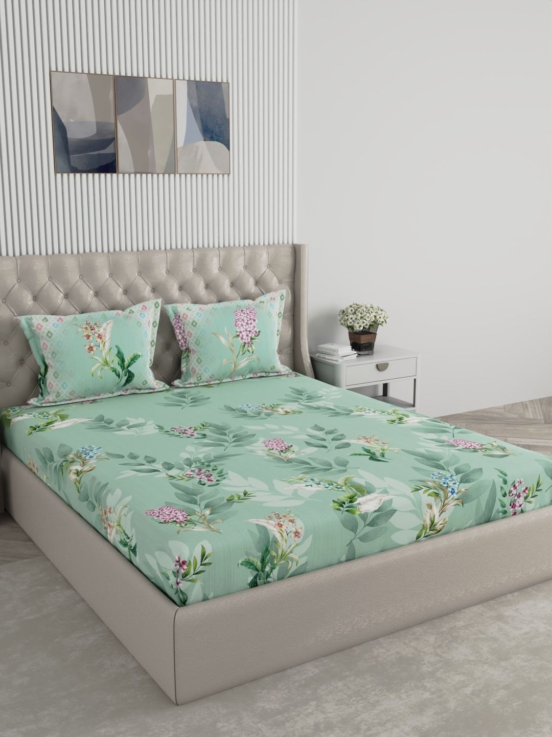 Raymond Home Green Floral 300 TC King Bedsheet with 2 Pillow Covers-image-39