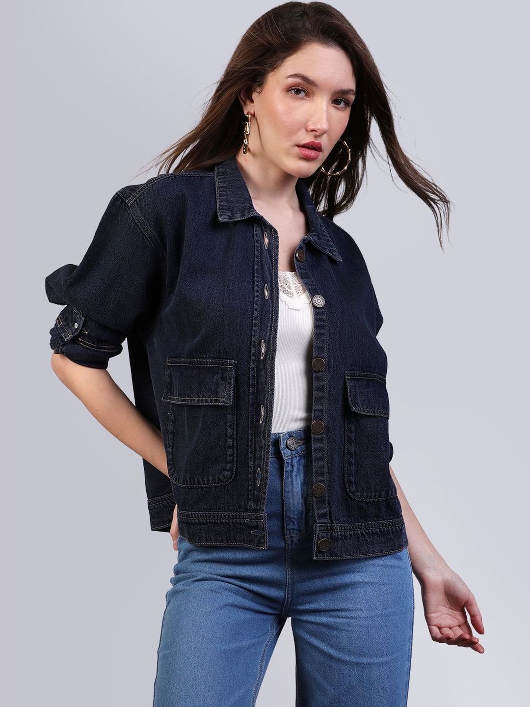 Urbano Fashion Women Dark Blue Relaxed Fit Full Sleeve Utility Denim Jacket-image-1
