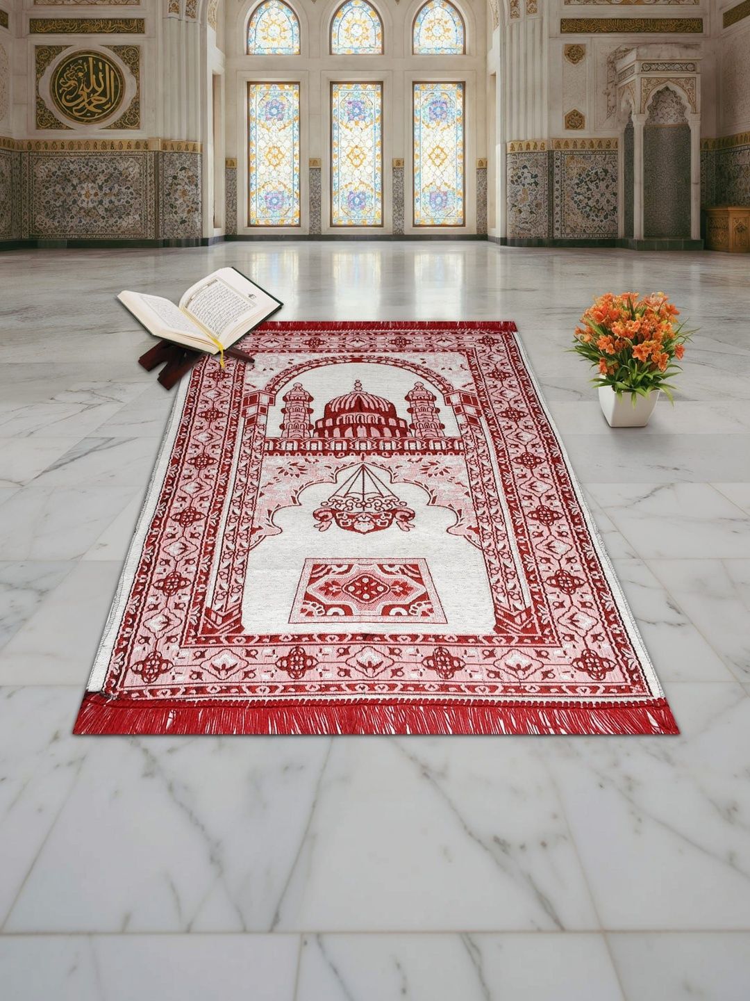 Furnishing Hut Namaz Red & White Floral Woven Design Eco Friendly Prayer Mat-image-20