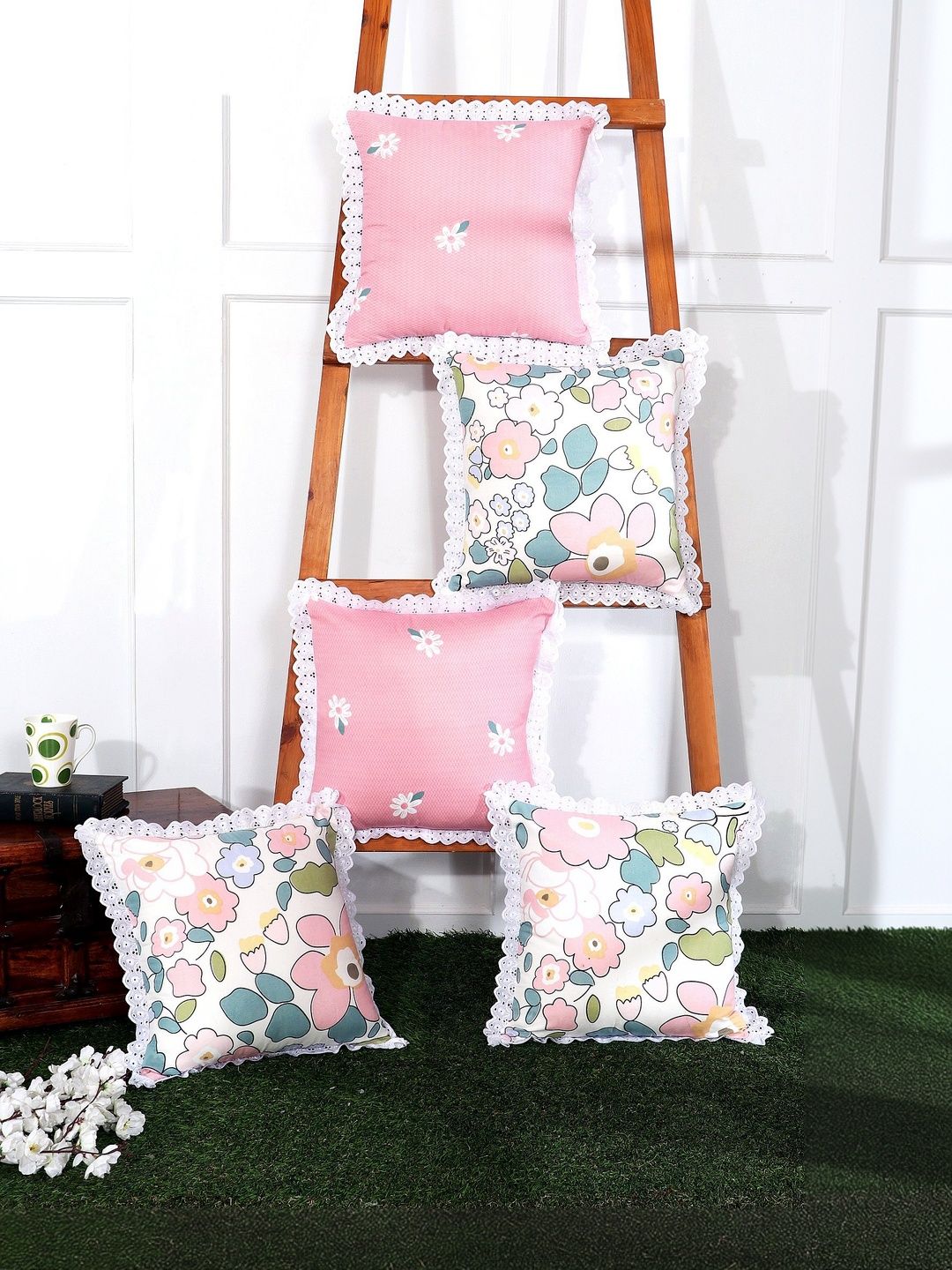 RD TREND Pink Set of 5 Floral Square Cushion Covers-image-17