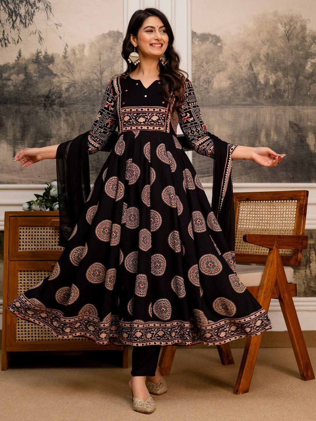 Berrylicious Women Ethnic Motifs Printed Panelled Mirror Work Kurta with Trousers & With Dupatta-image-48