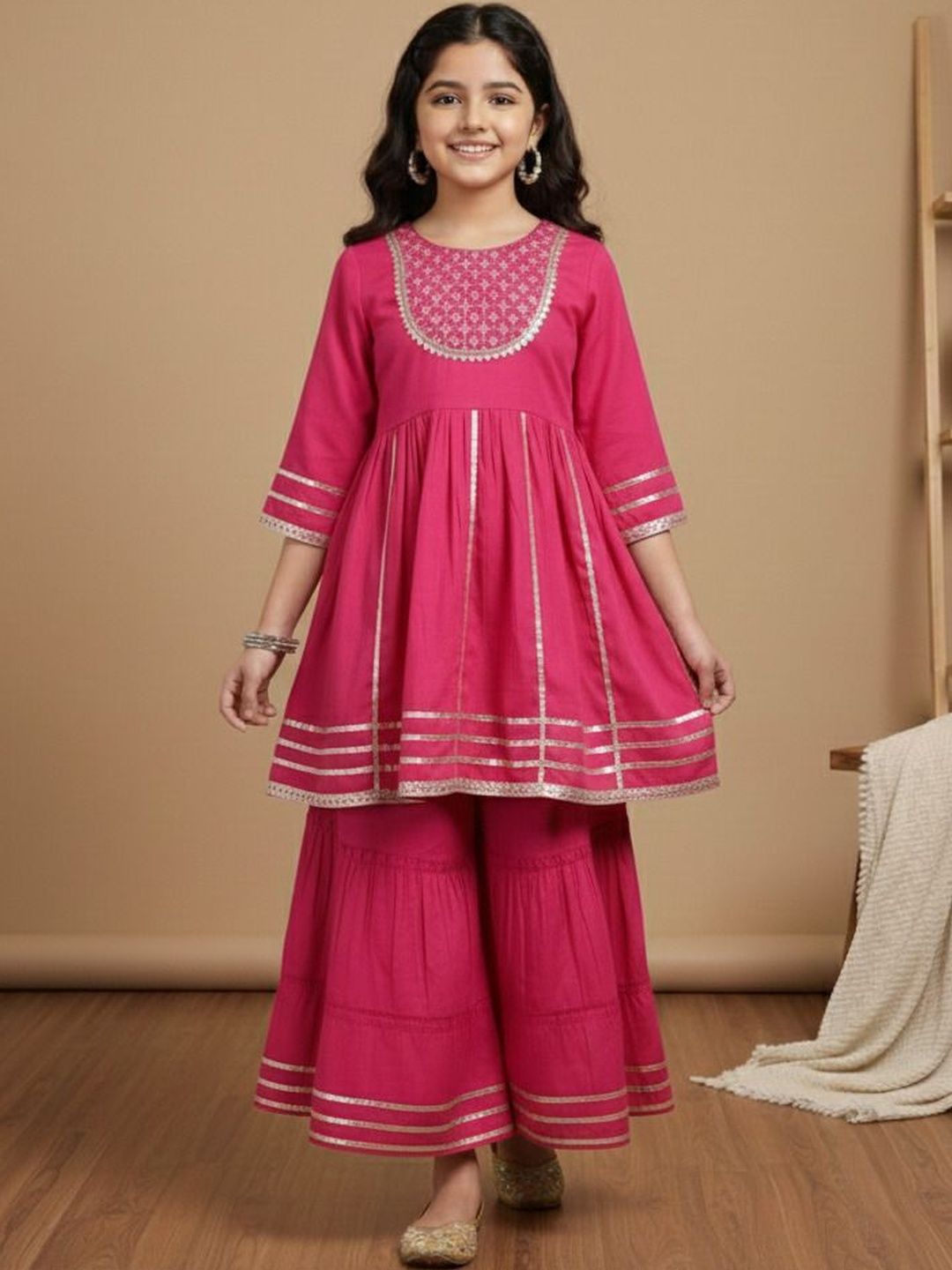misbis Girls Ethnic Motifs Embroidered Empire Gotta Patti Silk Crepe Kurta with Sharara