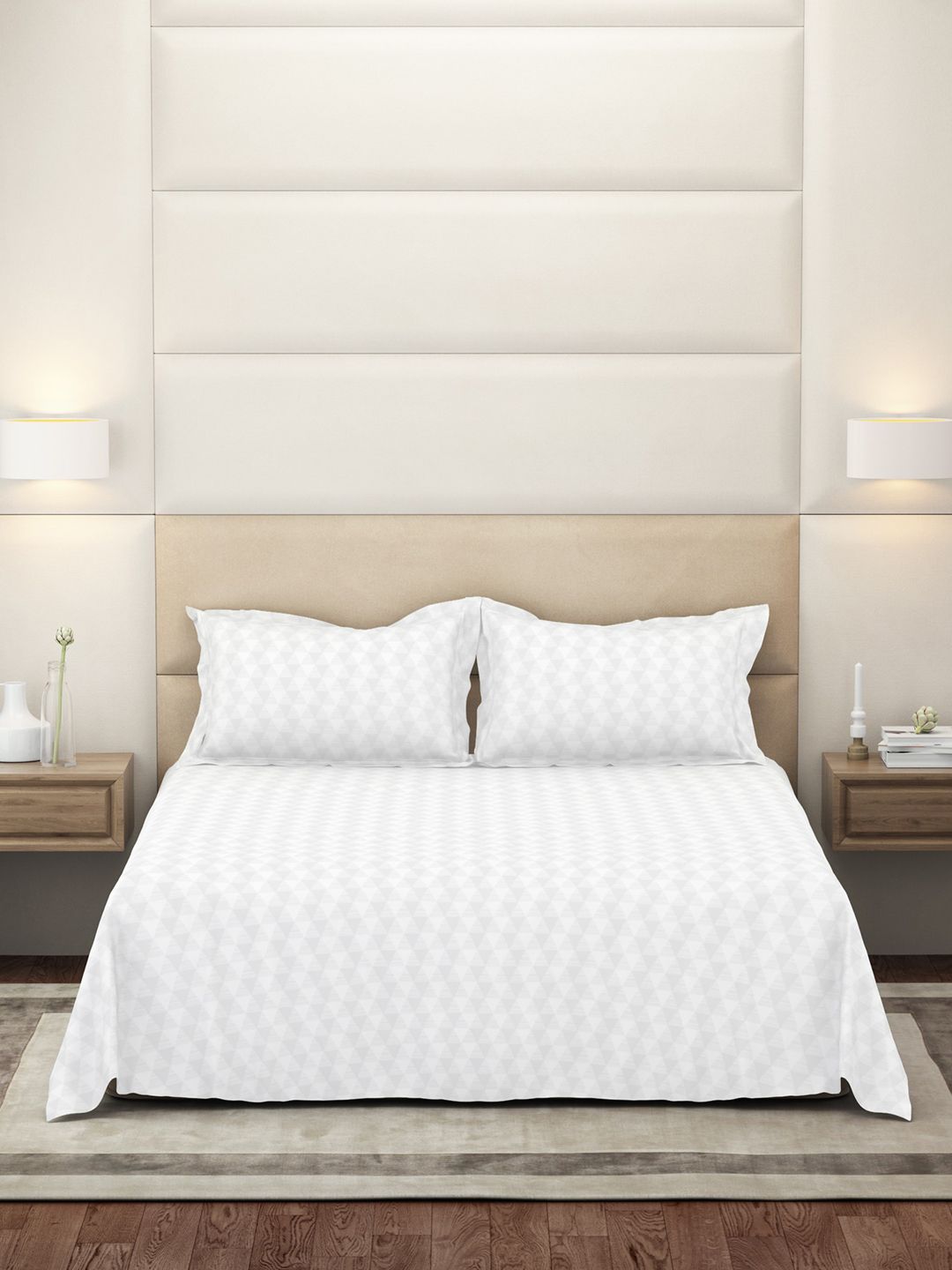 Himeya White Geometric Cotton 300 TC King Bedsheet with 4 Pillow Covers-image-28
