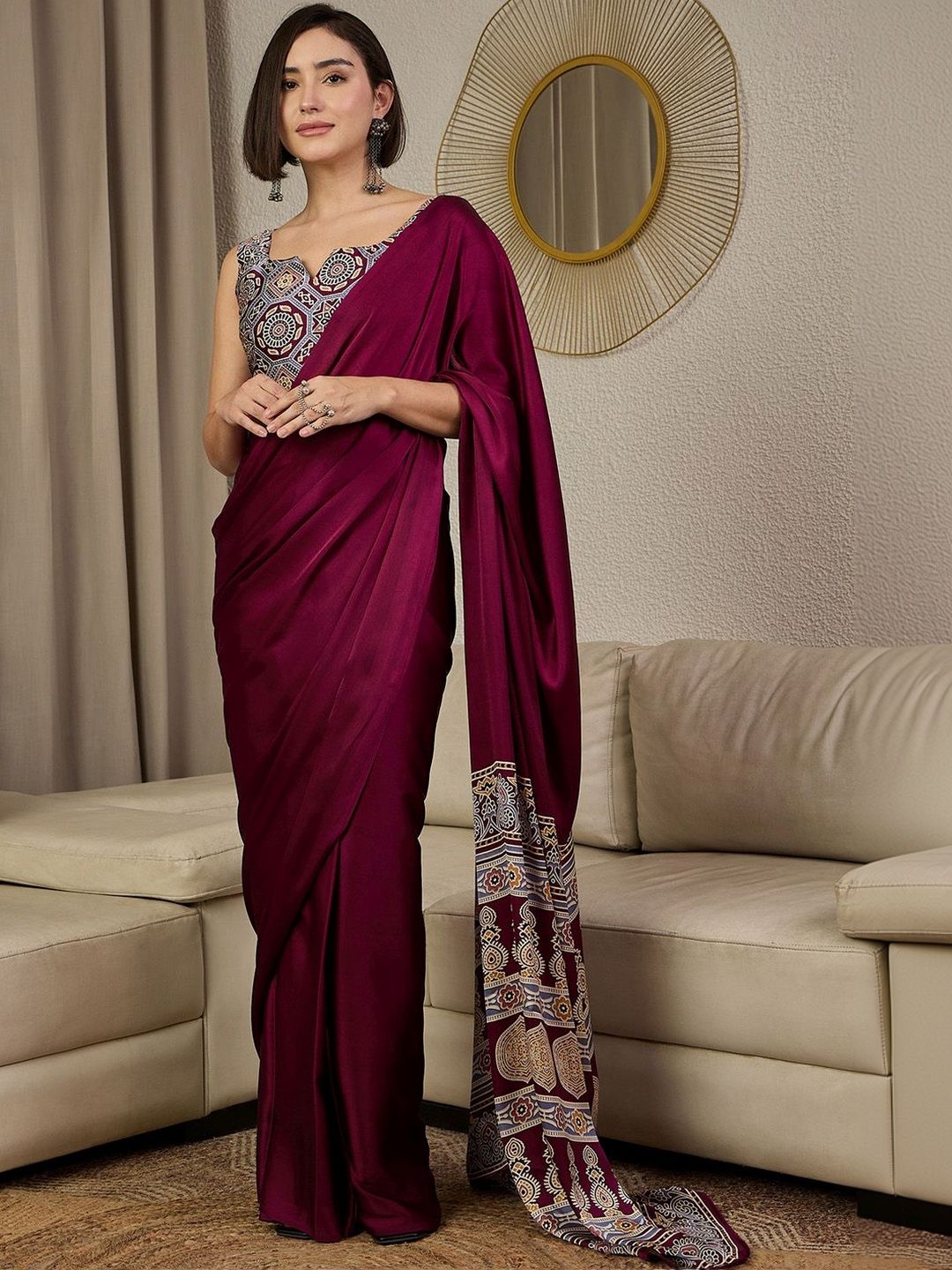 Mitera Ajrak Satin Ready To Wear Block Printed Saree-image-12
