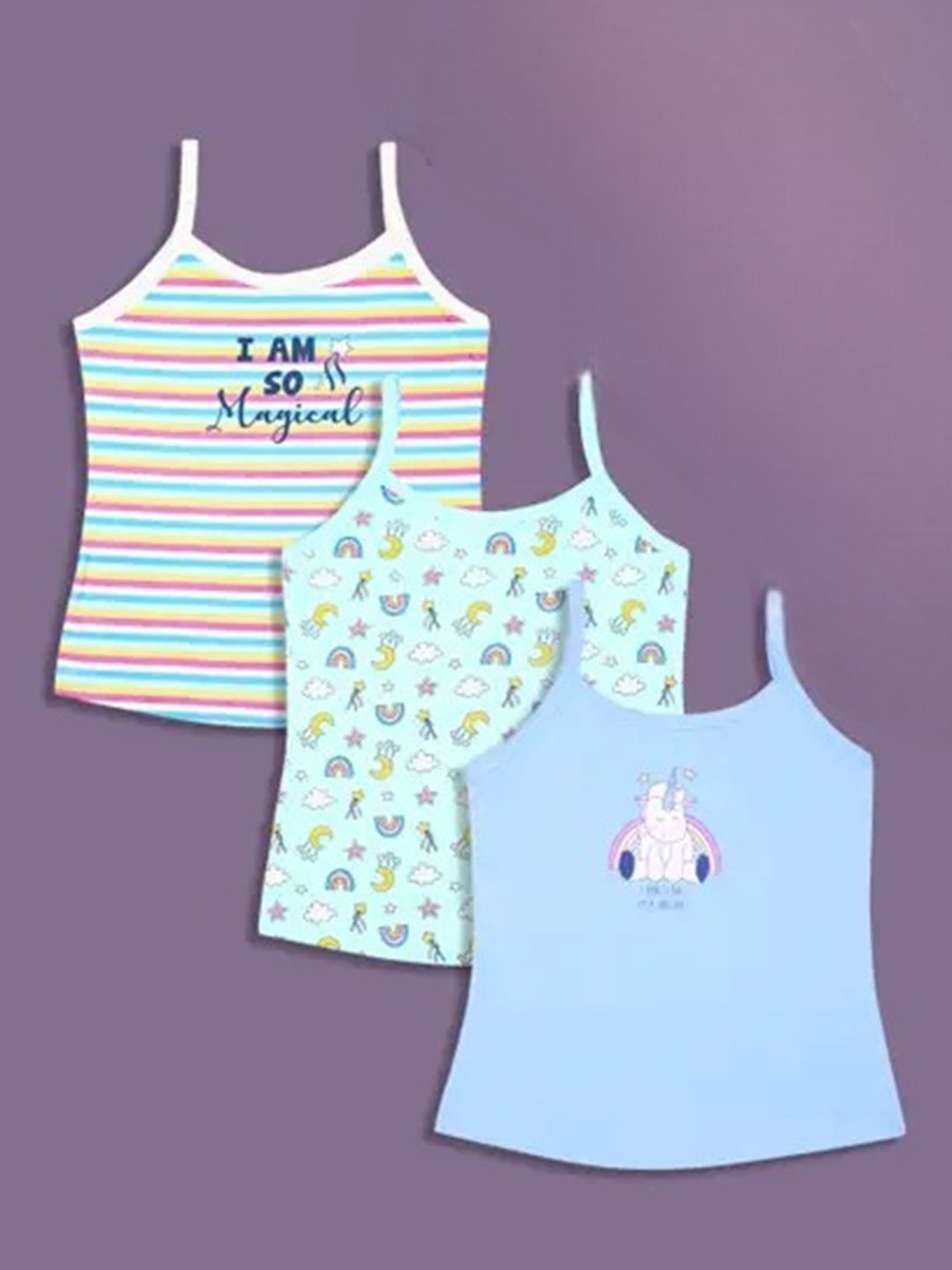 CUCUMBER Girls Pack Of 3 Printed Cotton Camisoles-picture-39