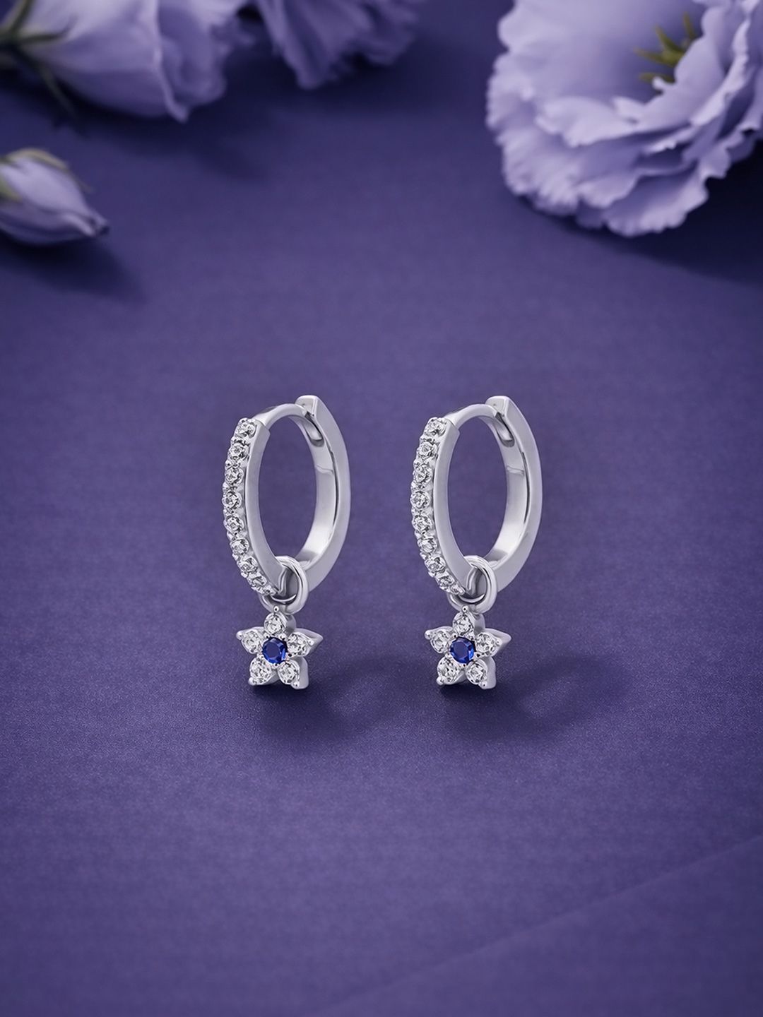 Carlton London CZ-Studded Rhodium-Plated Star Shaped Hoop Earrings-picture-24