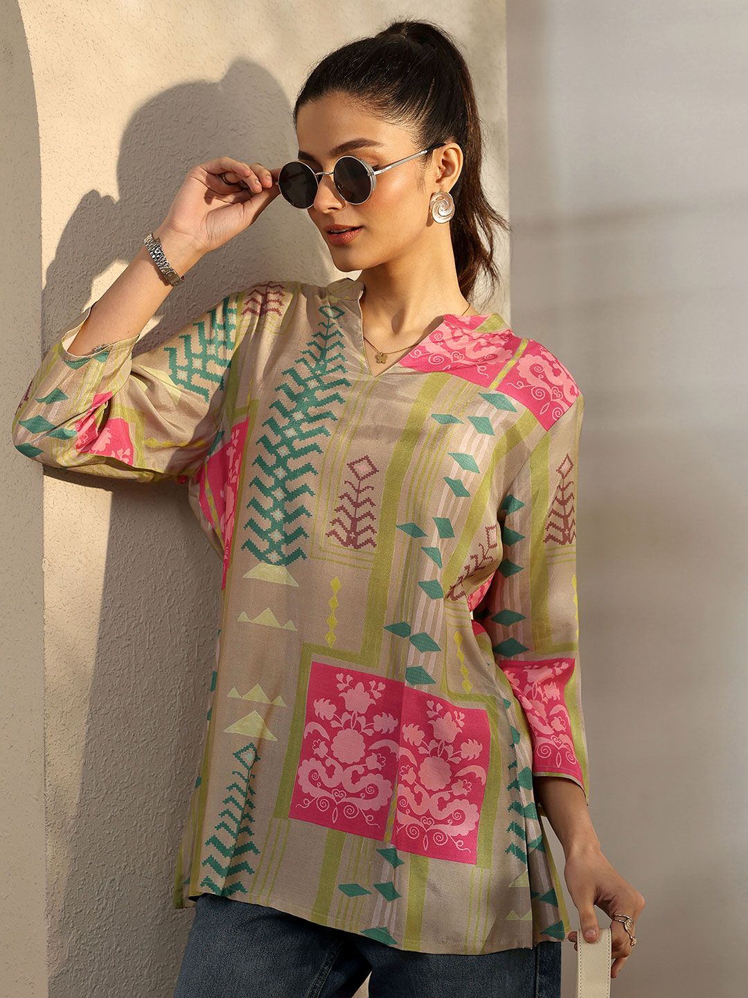 Libas Women Grey Geometric Printed Muslin Straight Short Kurti-picture-50