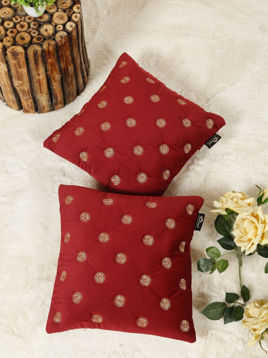 HOSTA HOMES Maroon & Gold-Toned Set of 2 Embroidered Velvet Blend Square Cushion Covers-picture-12