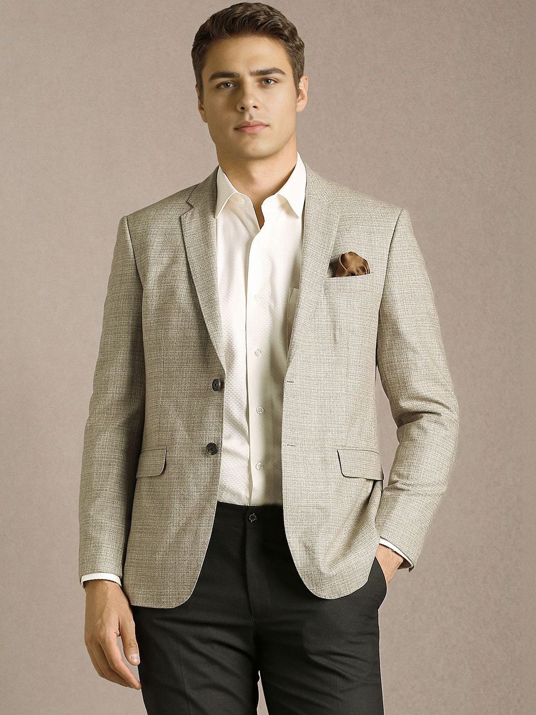 Luxure by Louis Philippe Textured Notched Lapel Collared Single Breasted Blazer-picture-15