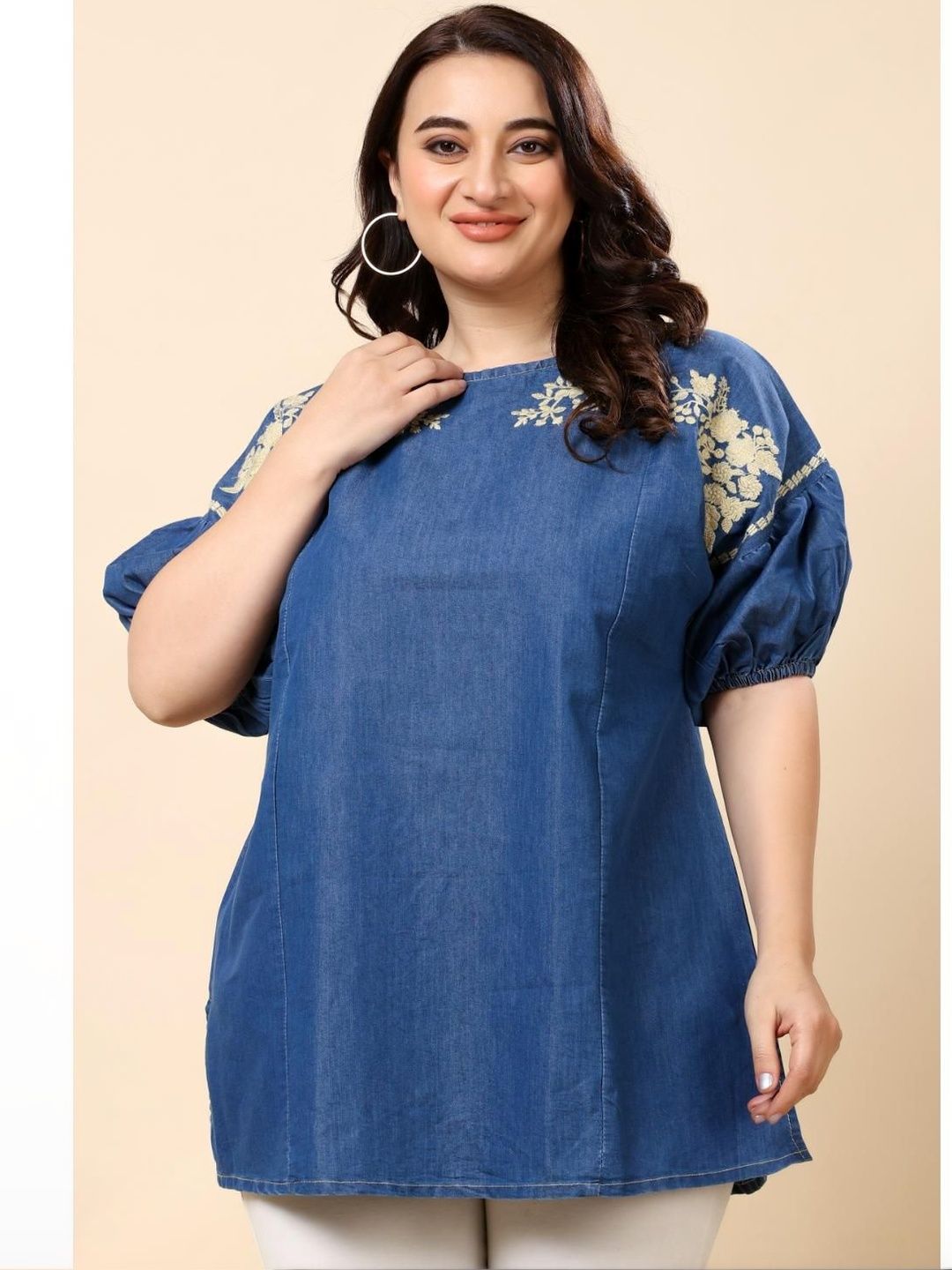 VAAMII Floral Embroidered Puff Sleeve Cotton Denim Top-picture-13