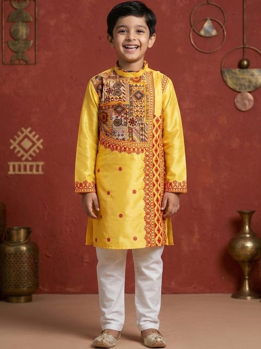 NFC CREATION Boys Ethnic Motifs Embroidered Regular Thread Work Dupion Silk Kurta with Pyjamas