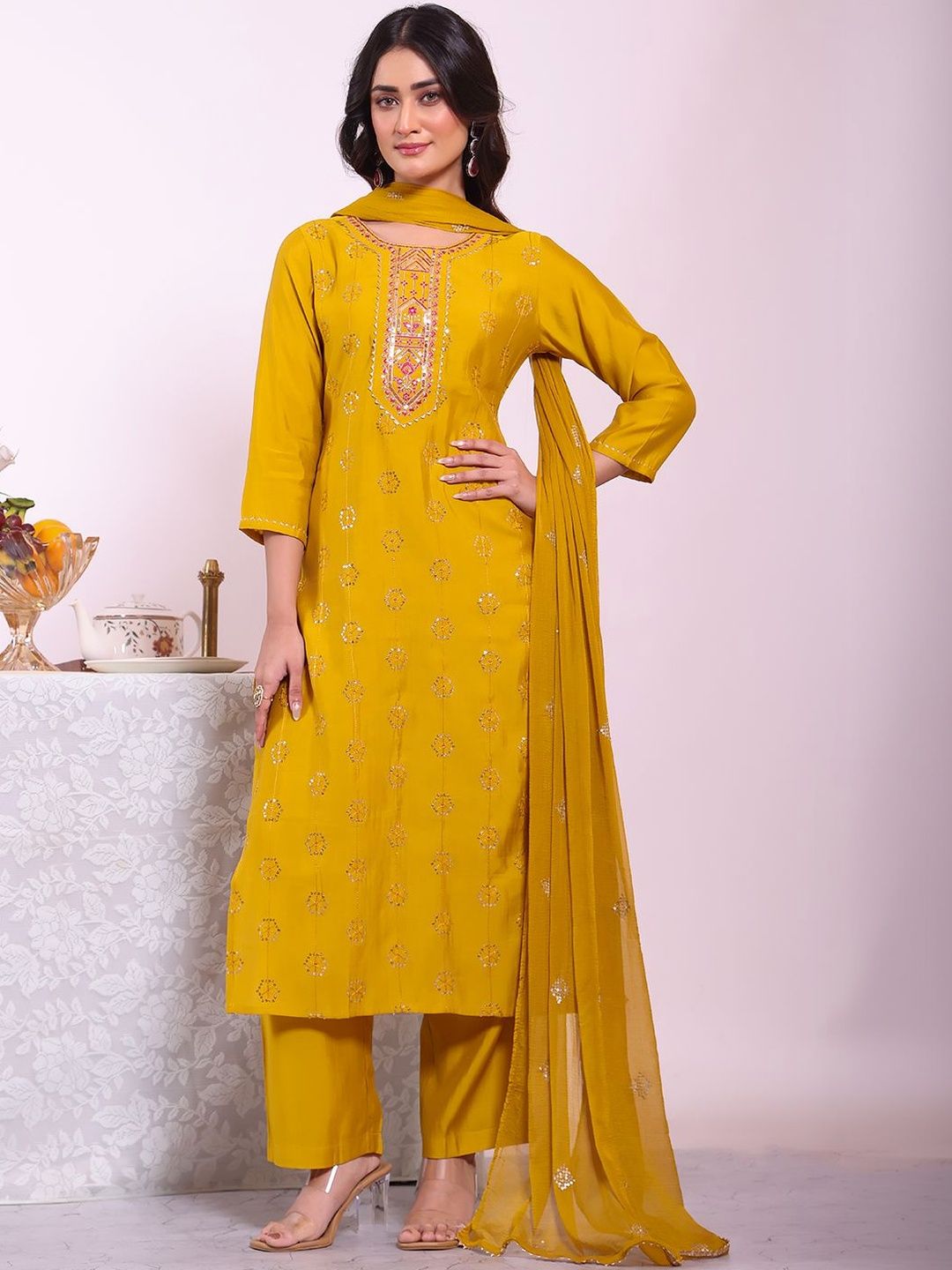 KALINI Women Ethnic Motifs Embroidered Regular Sequinned Kurta with Trousers & With Dupatta-picture-49