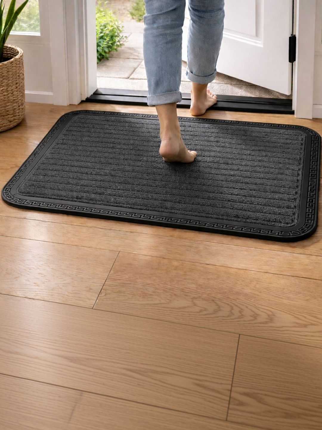 GEET CREATIONS Black Self Design Cotton Antiskid Doormats-image-13