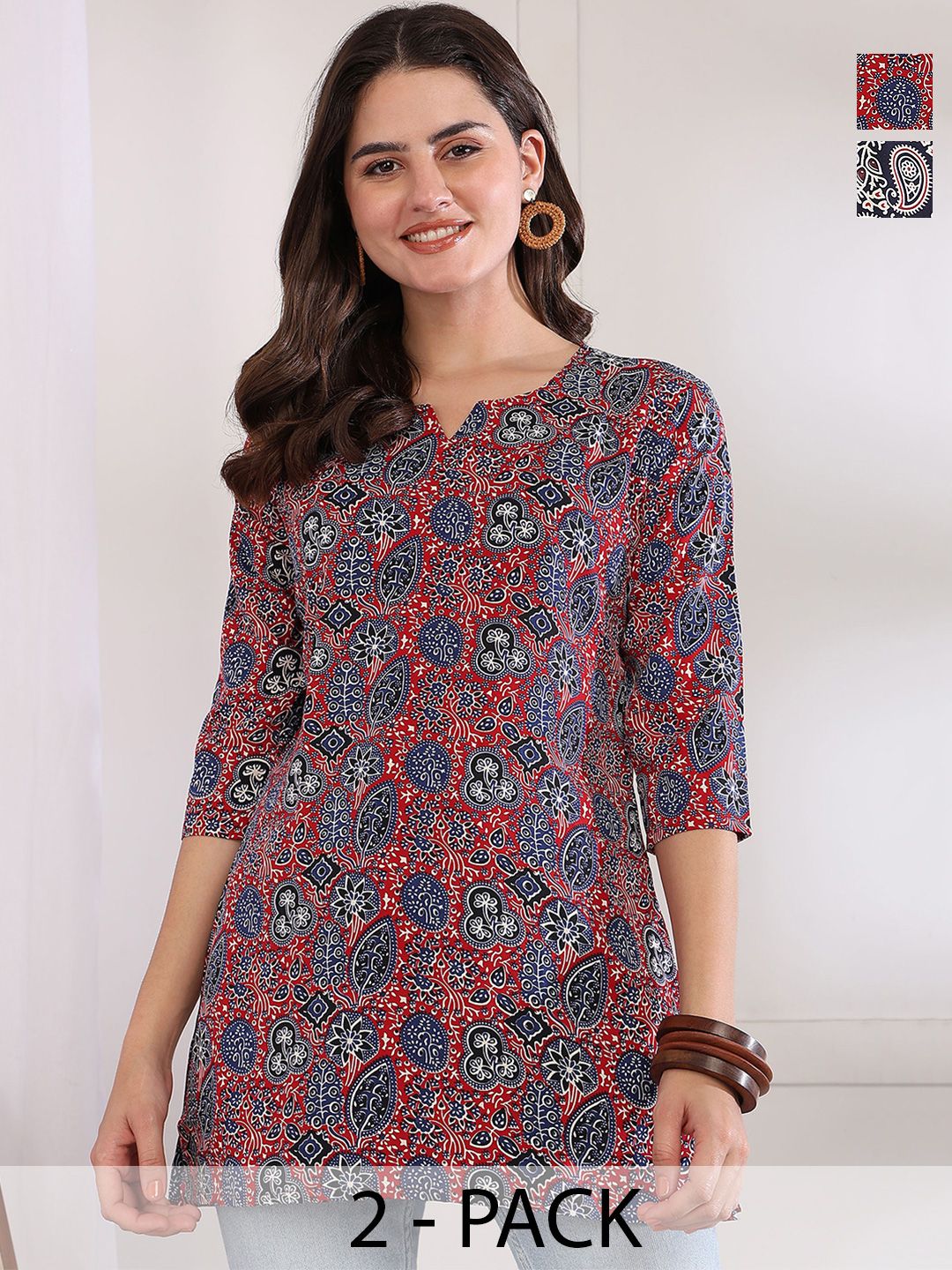 jankhi Navy Blue Ethnic Motifs V-Neck Crepe Top-picture-42