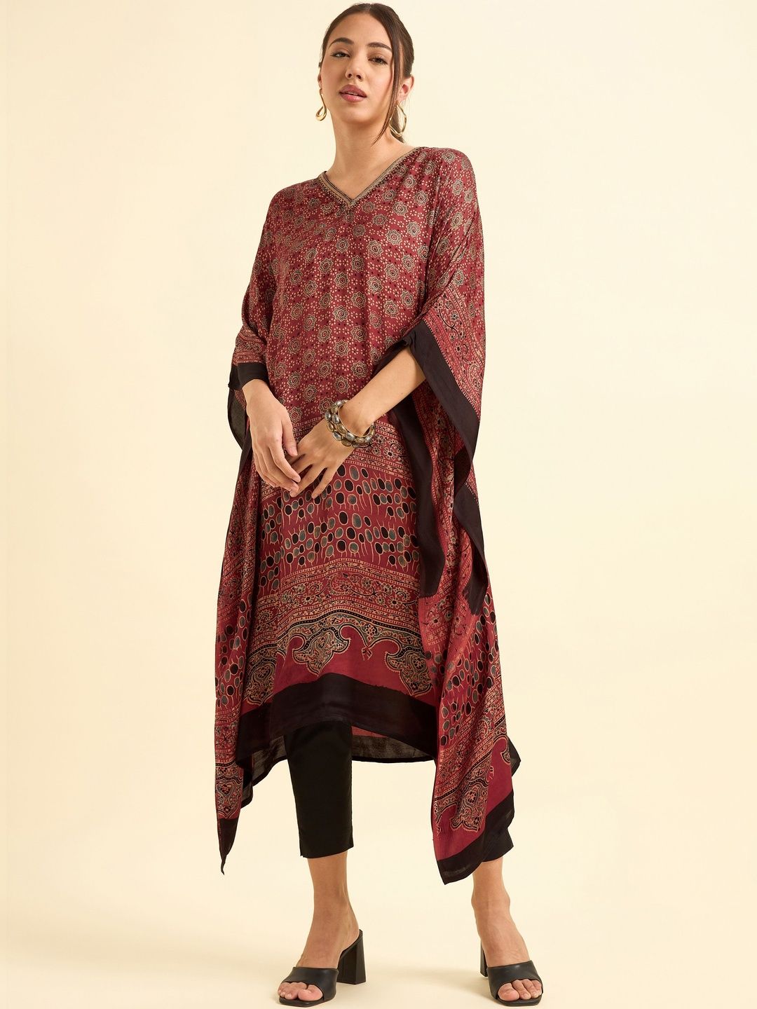 Vismay Ethnic Motifs Printed V-Neck Extended Sleeves Modal Kaftan Kurti-picture-49