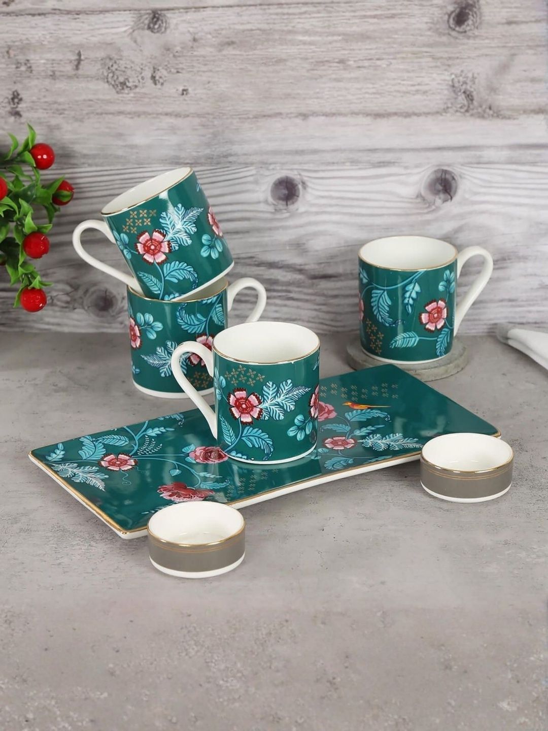 CLAY CRAFT Green & White Floral Printed Ceramic Glossy Mug and Bowl Set of Cups and Mugs-image-7