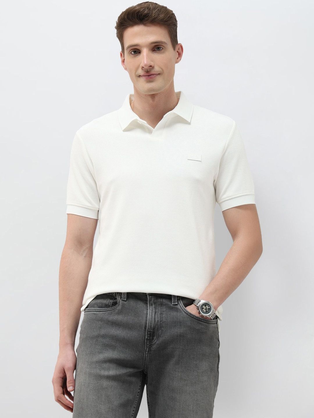 U.S. Polo Assn. Denim Co.Pique Textured Pure Cotton Polo Collar T-shirt-image-5