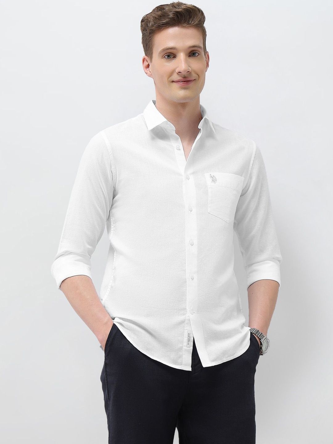 u.s. polo assn. U.S. Polo Assn.Solid Cotton Linen Blend Tailored Fit Shirt-picture-33