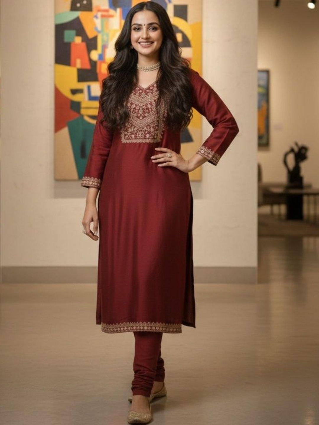 Mangalam Fashion Diva Ethnic Motifs Embroidered V-Neck Kurti-picture-27