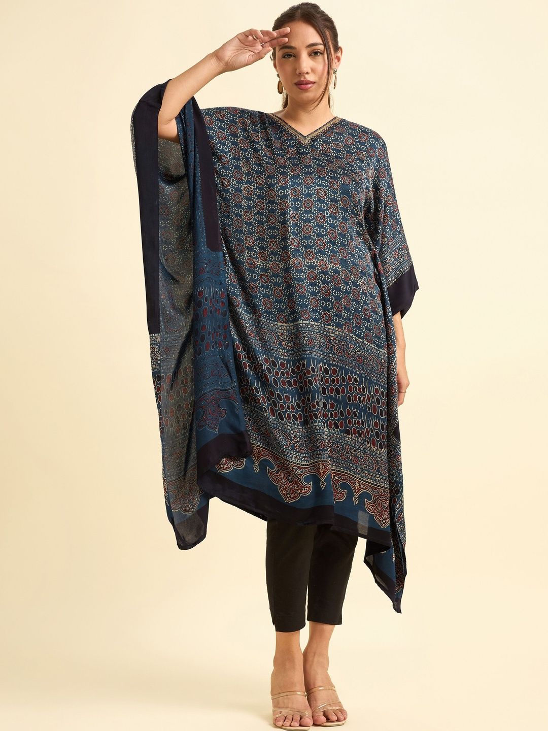 Vismay Ethnic Motifs Printed V-Neck Extended Sleeves Modal Panelled Kaftan Kurti-picture-24