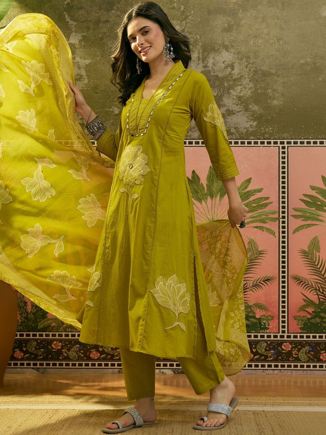 Sangria Embroidered Pure Cotton V-Neck Kurta Trousers & Dupatta-picture-57