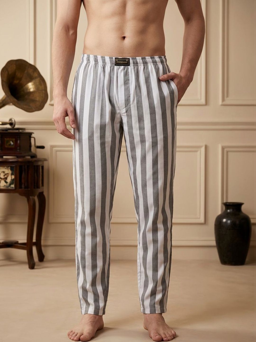 TIGER SNAKE Striped Cotton Mid-Rise Straight-Leg Lounge Pants-picture-16