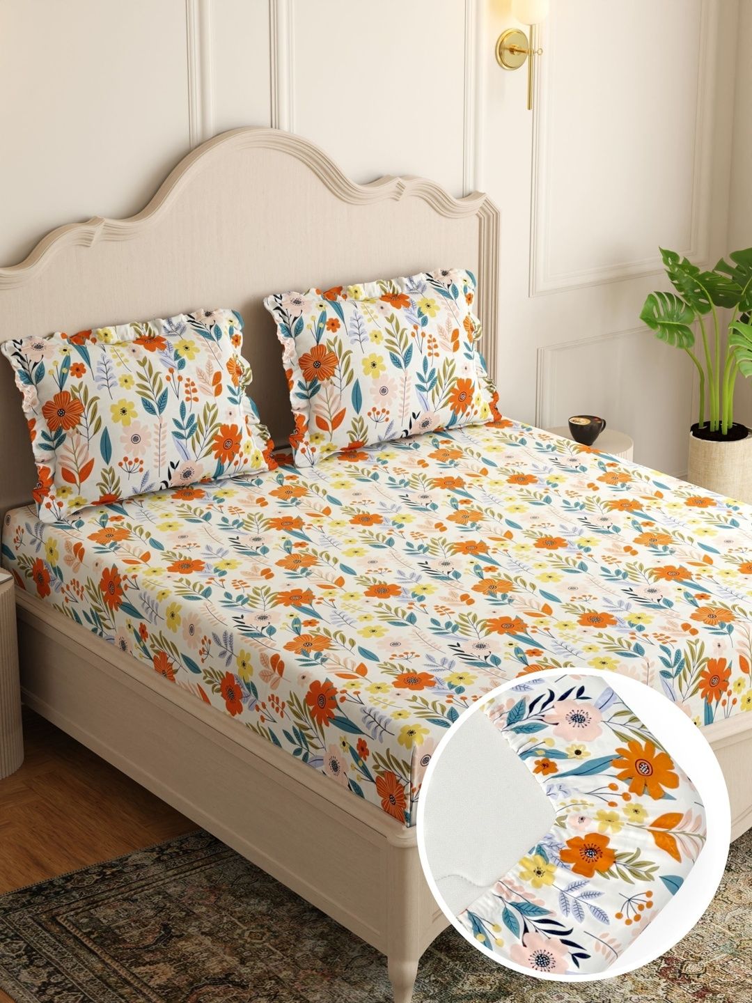 Pure Decor White & Orange Floral King Bedsheet with 2 Pillow Covers-image-46