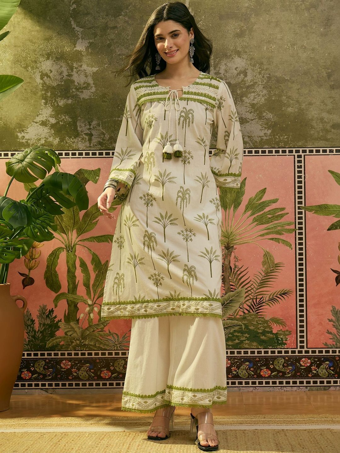 Sangria Printed Pure Cotton Tie-Up Neck Kurta & Palazzos Kurta Sets-picture-18